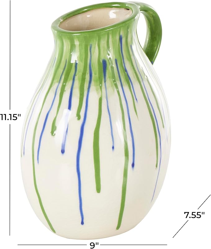 Deco 79 Ceramic Abstract Decorative Vase Centerpiece Vases with Green and Blue Drip Design and Handle, Flower Vases for Home Decoration 9" x 8" x 11", White