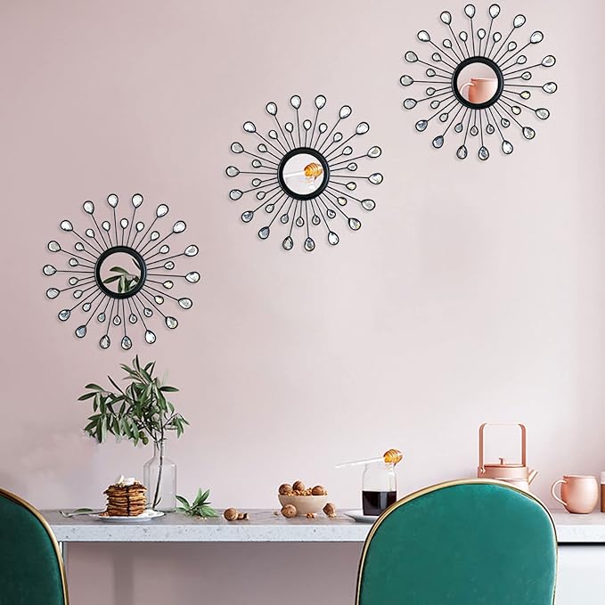 Uaussi 3 Pack Crystal Sunburst Wall Mirror Décor Rhinestone Mirrors Decorative Home Wall Art for Living Room Bedroom Entryway(Drop-Shape Black)