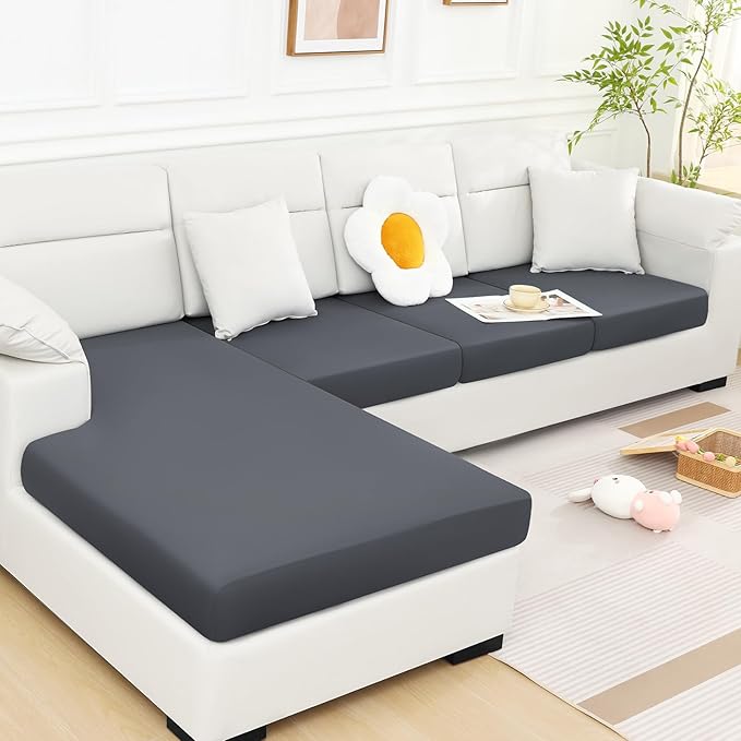 Smiry Printed Couch Cushion Covers, Stretch Soft Sectional Couch Covers, L Shape Washable Chaise Lounge Sofa Slipcover Non-Slip Furniture Protector for Indoor and Outdoor (Chaise, Dark Grey)