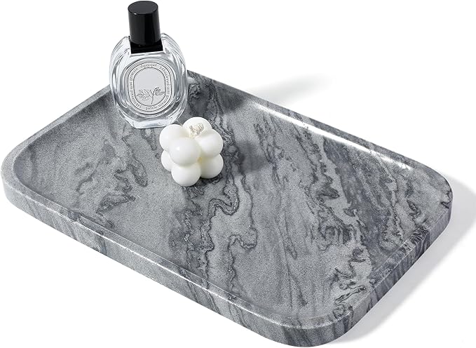 Koville Marble Tray, 12"x8" Natural Marble Vanity Tray for Countertop Bathroom Kitchen Dresser, Decorative Catchall Trays for Perfume Jewelry, Rectangular Stone Serving Tray (Grey)