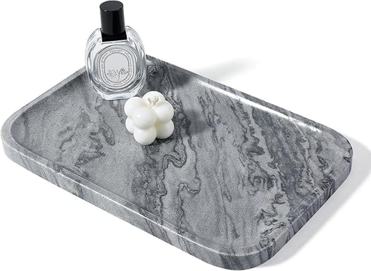 Koville Marble Tray, 12"x8" Natural Marble Vanity Tray for Countertop Bathroom Kitchen Dresser, Decorative Catchall Trays for Perfume Jewelry, Rectangular Stone Serving Tray (Grey)