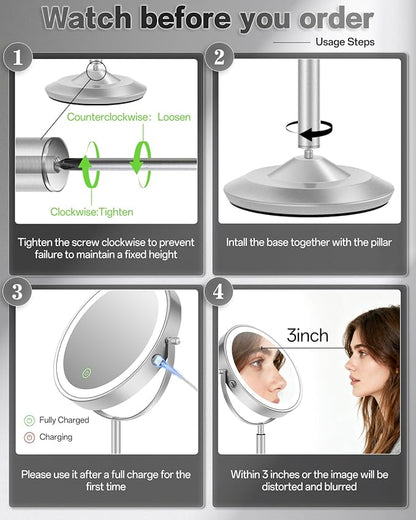 VFD 30X/1X Makeup Mirror with Lights, Height Adjustable Lighted Magnifying Vanity Mirror with 3 Lighting and Adjustable Brightness, 3000mAh Rechargeable Double Sided Switch for Desk Women Gift