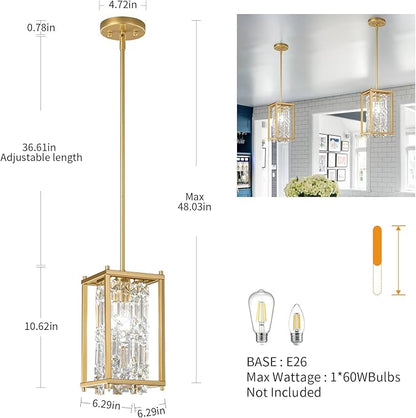 LMQNINE Modern Gold Pendant Light Fixtures for Kitchen Island, Crystal Chandelier Lights Fixture, Elegant Adjustable Pendant Lighting for Dining Room Bedroom (Square 1-Light)