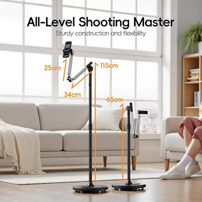 Phone Stand for Recording, Digital Heavy Duty Stand with Wheels and Weight Base, Free Rotation Aluminum Phone Mount with Adjustable Angles & Height for Content Creation, Floor Phone Stand
