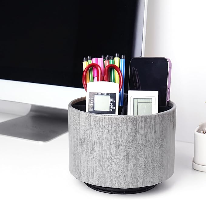 Round Leather Art Supply Organizer,Remote Control Holder,360 Degree Spinning,Multi-Functional Pencil Holder,4 Compartments Desktop Stationary Organizer(1-Thin Wood Grey)