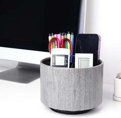 Round Leather Art Supply Organizer,Remote Control Holder,360 Degree Spinning,Multi-Functional Pencil Holder,4 Compartments Desktop Stationary Organizer(1-Thin Wood Grey)