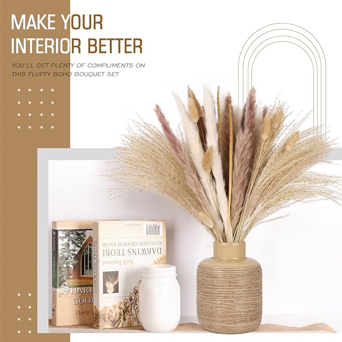 N&T NETING 50Pcs Pampas Grass Decor-5Pcs White Pampas, 10Pcs Brown Pompous, 10Pcs Bunny Tails Dried Flowers, 15Pcs Mini Pompas Grass,10Pcs Light Brown Flower Pompas for Home Decor Wedding Boho Decor