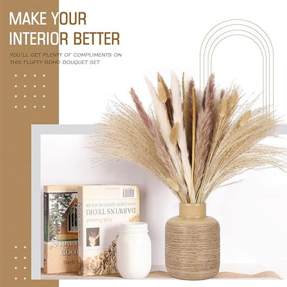 N&T NETING 50Pcs Pampas Grass Decor-5Pcs White Pampas, 10Pcs Brown Pompous, 10Pcs Bunny Tails Dried Flowers, 15Pcs Mini Pompas Grass,10Pcs Light Brown Flower Pompas for Home Decor Wedding Boho Decor