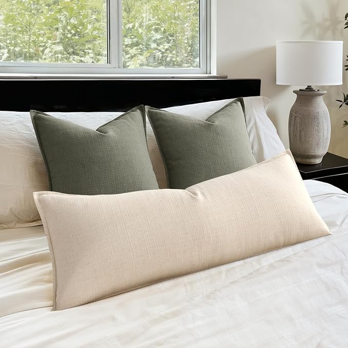 MIULEE Decorative Long Body Lumbar Throw Pillow Cover 14x36, 1 Pack Boho Farmhouse Neutral Throw Pillow for Bed, Textured Modern Linen Cushion Cases Couch Sofa Living Room Home Decor, Natural Beige