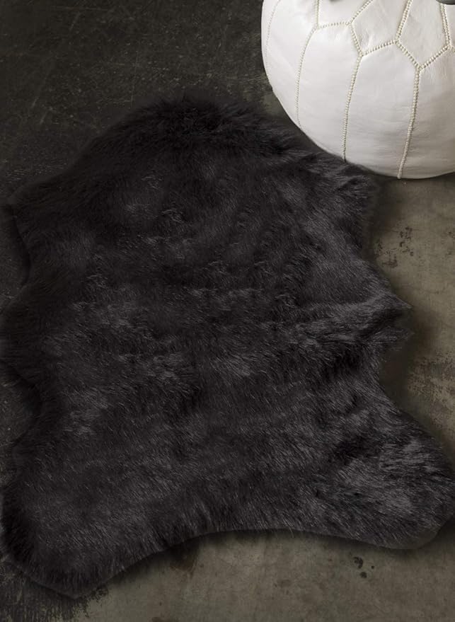 Luxe Gordon Faux Fur Rug with Soft and Fluffy Pile | Machine Washable Living Room Rug with Anti-Slip Backing | Cruelty-Free Area Rugs for Office or Bedroom, Black, 5 ft x 6 ft