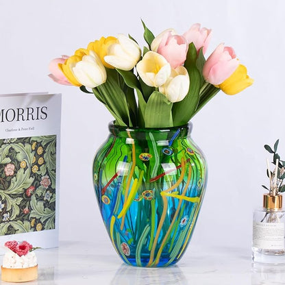 Glass Vases for Flower, Unique Hand Blown Green Glass Vase, Modern Art Decorative for Home Living Room, Office, Table centerpieces, Bookshelves and Wedding Decorations (JG31)