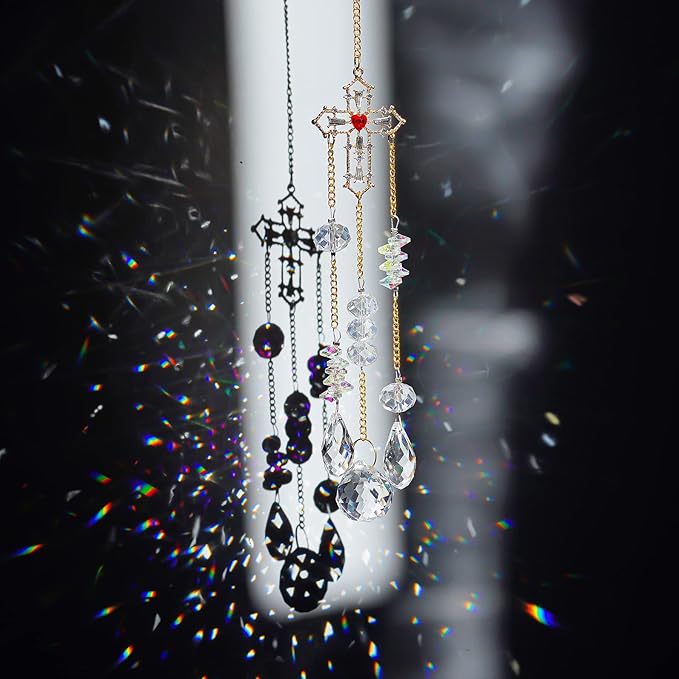 Window Hanging Crystals Suncatcher, Rainbow Prisms for Crystals, Glass Cross Shape Rhinestones Chandelier Wind Chime for Window