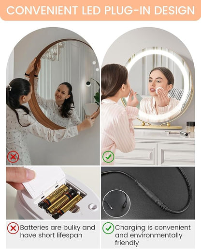 IDEALHOUSE 19 inch Makeup Mirror with Lights, Vanity Mirror with Smart Touch Control 3 Colors Dimmable Lights, 360°Rotation Gold Vanity Mirror for Bedroom, Tabletop and Desk Mirror