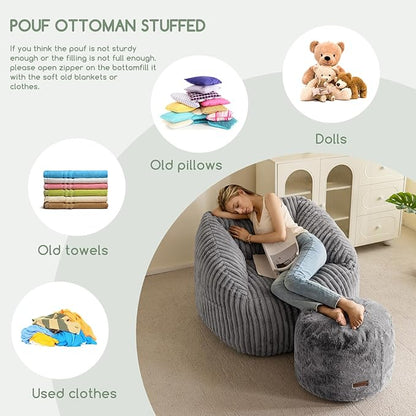 HIGOGOGO Pouf Stuffed Ottoman Round Modern Foam Filled Foot Rest Chair Decorative Poufs 26 x 18 Inches Fluffy Boho Comfy Stool for Living Room, Grey