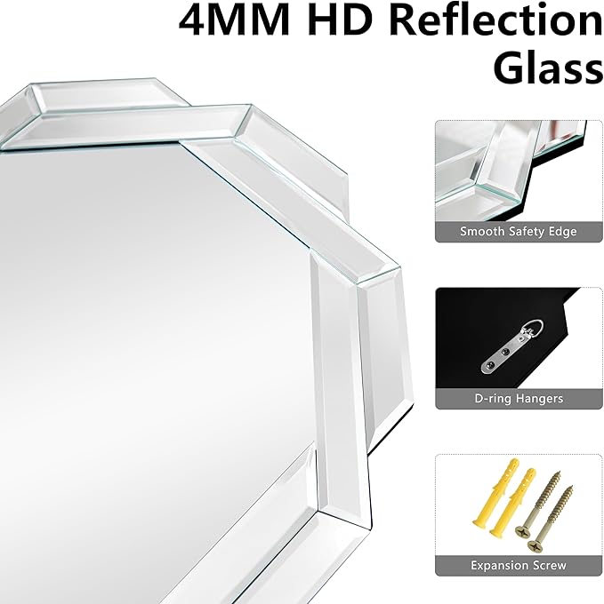 Octagonal Frameless Wall Mirror, 24'L x 35'W, Modern Bathroom Mirror with Beveled Edges