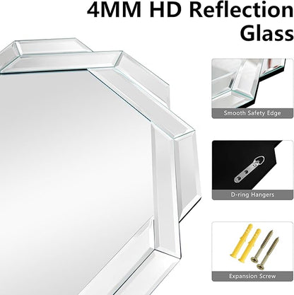 Octagonal Frameless Wall Mirror, 24'L x 35'W, Modern Bathroom Mirror with Beveled Edges