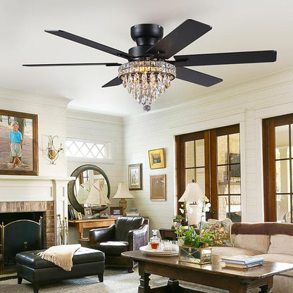 Asyko Chandelier Ceiling Fan -52" Crystal Ceiling Fan- Fandelier Fan Light Black with Remote, Silent Reversible Motor, Dual-Sided 6 Blades, 3 Speed, Timer, Indoor Fan Ceiling