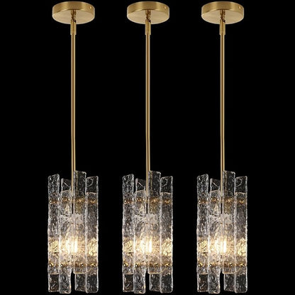 Modern Crystal Pendant Light for Kitchen Island, Gold Luxury Mini Water Ripple Glass Chandelier Lights Fixture, Modern Square Adjustable Hanging Pendant Lighting for Dining Room Bedroom (3-Pack)