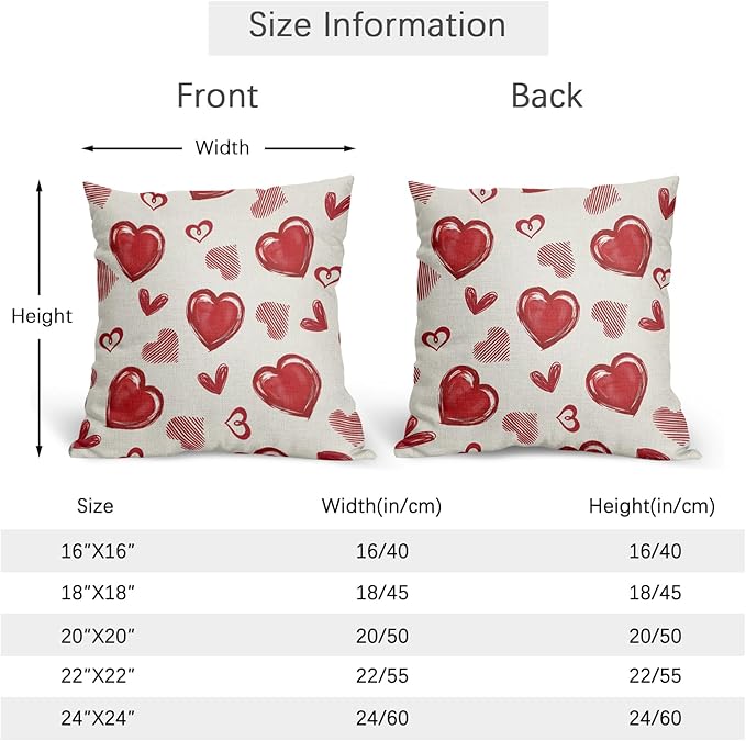 Valentines Day Pillow Covers 24x24 Set of 2 Beige Red Heart Throw Pillow Covers Love Pillowcase Linen Decoration Farmhouse Holiday Cozy Soft Cushion Case Couch for Indoor Outdoor Home Decor