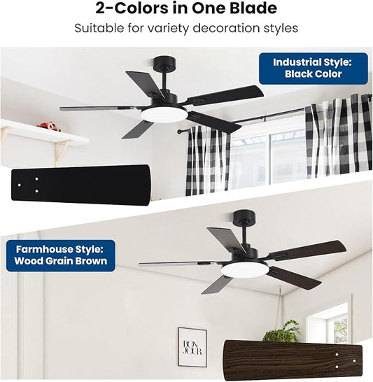 52 Inch Ceiling Fans with Lights and Remote for Bedroom Living Room Kitchen Office, Indoor/Outdoor Use, 5CCT Dimmable, 5 Blades, 6 Speed Reversible Quiet DC Motor, Black/Wood Grain