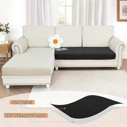 NAISI Waterproof Couch Cushion Covers Thick Velvet Fabric Washable Sofa Slipcovers 1 Piece Individual Sectional Couch Covers with Elastic Bottom(1 PC for 2-Seat Cushion or Loveseat,Black)