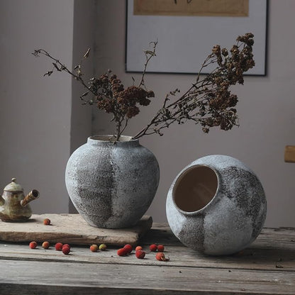 Rustic Distressed Large Ceramic Vase, 8.6 inch Terracotta Pottery Tall Decorative Vases, Concrete Vases Clay Stone Antique Big Vase for Home Decor (Round 8.6 in X 8 in)