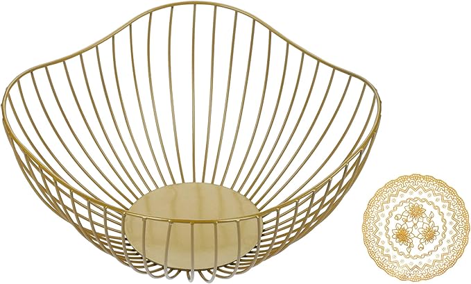 IBWell Antique Curved Edge Fruit Basket for Kitchen Gold Wire Basket Fruit Bowl for Home Decor Metal Wire Fruit Holder for Fruit Vegetable Snacks