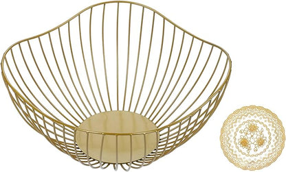 IBWell Antique Curved Edge Fruit Basket for Kitchen Gold Wire Basket Fruit Bowl for Home Decor Metal Wire Fruit Holder for Fruit Vegetable Snacks