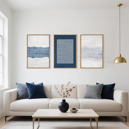 Aryroi Large Abstract Navy Blue and White Framed Canvas Wall Art,Minimalist Boho Waves Lines Wall Decor,Modern Mid Century Artwork,Neutral Geometric Art Print for Living Room,Bedroom,Office- 16"x24"x3