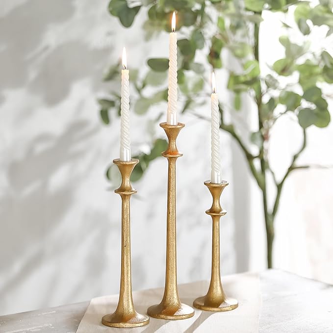 Gold Taper Candle Holders Set of 3, Heavy Candlestick Holders Decorative Candle Stand for Table Centerpiece, Cast Iron Candle Stick Holder Decor