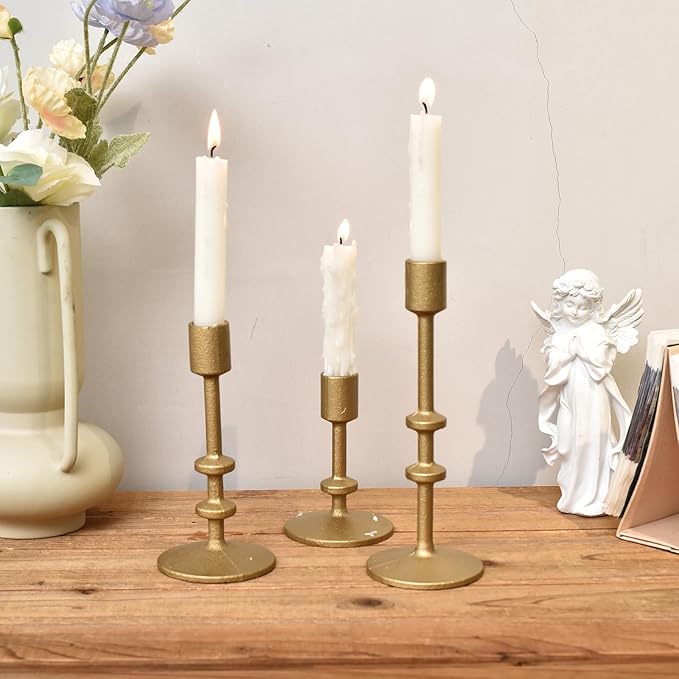 SwallowLiving Candle Holder Table Decor, Antique Brass Gold Taper Candle Holder Set of 3, Iron Candlestick Holders for Pillar Candles, Vintage Decor Centerpiece Table Decorations for Wedding Christmas