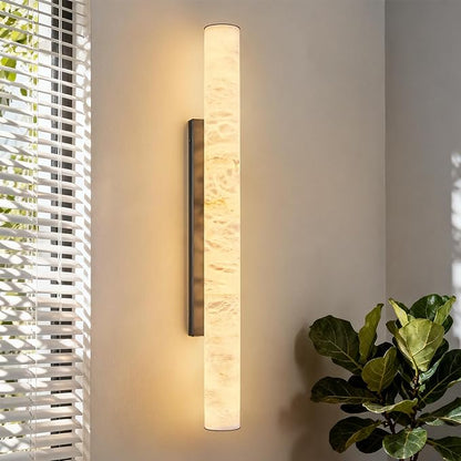 LMQNINE Natural Alabaster Wall Sconces Set of Two Spanish Marble Wall Light Cylinder Modern Black LED Sconce for Living Room Bedroom Bathroo Stairs（L-2Pack）