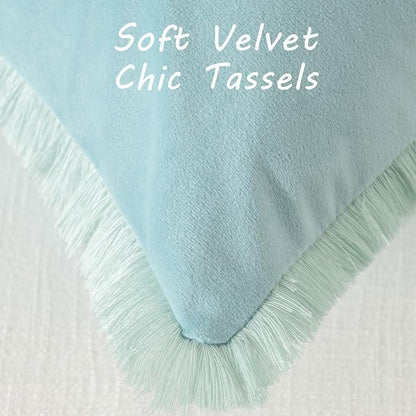 FUTEI Aqua Velvet Decorative Throw Pillow Covers 16x16 Set of 2,Soft Cozy Edge with Tassels Cushion Case,Boho Modern Home Decor for Couch Bed Living Room