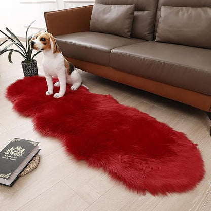 Faux Fur Rug 2 x 6 ft Red Shaggy Sheepskin Machine Washable Fuzzy Area Rug Super Soft Fluffy Plush Carpet for Bedroom Living Room Floor Nursery Kids Room Runner Bedside Rug