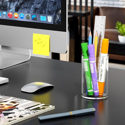 NIUBEE Clear Acrylic Pen Holder for Desk, Round Acrylic Pencil Cup Holder Makeup Brush Organizer, Desk Organizer for Office Desk Accessory - 4 Pack