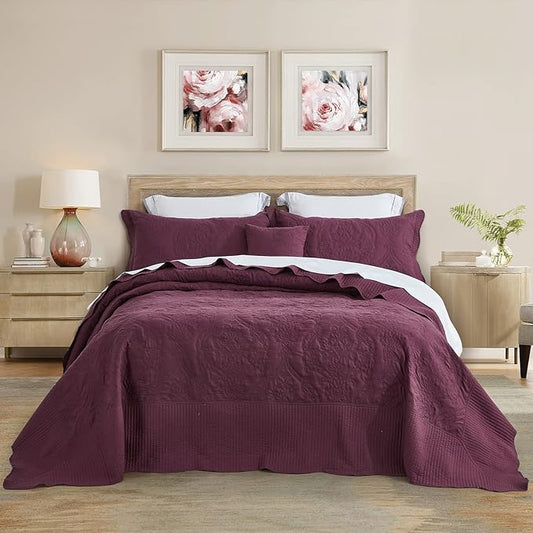 CHIXIN Bedspread Coverlet Quilt Set Full Size - Lightweight Bedding Cover - Beautiful Stitching - 5 Piece Reversible Bedspread - Gorgeous Damask Paisley Pattern (Full, Purple)