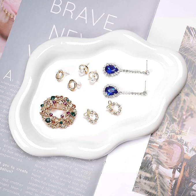 Ceramic Jewelry Tray Dish for Ring Key Trinket, Cute Cloud Shape Decorative Jewelry Plate Holder Room Decor Aesthetic Gift (White)
