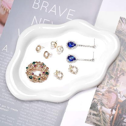 Ceramic Jewelry Tray Dish for Ring Key Trinket, Cute Cloud Shape Decorative Jewelry Plate Holder Room Decor Aesthetic Gift (White)