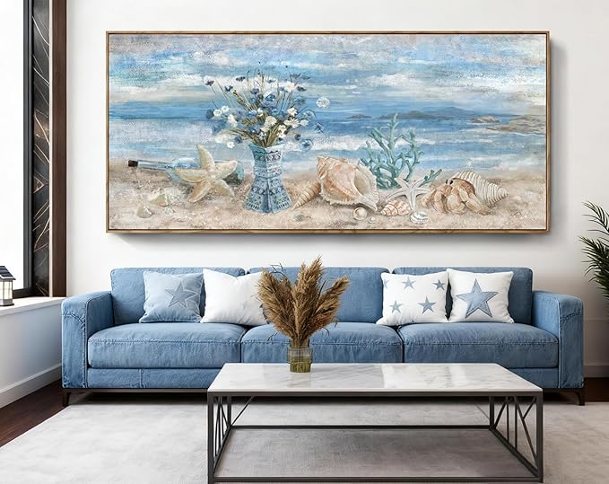 Nicetop Extra Large Framed Wall Art for Living Room Blue Boho Ocean Beach Coastal Daisy Flower in Vase Picture Huge Seascape Canvas Print Painting Oversized Seaside Artwork for Home Office 86x39inch