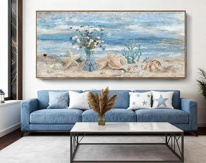 Nicetop Extra Large Framed Wall Art for Living Room Blue Boho Ocean Beach Coastal Daisy Flower in Vase Picture Huge Seascape Canvas Print Painting Oversized Seaside Artwork for Home Office 86x39inch