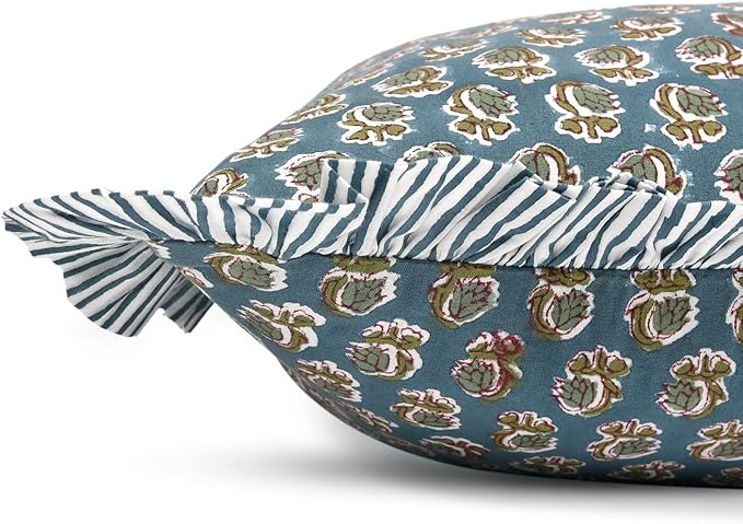Ridhi Modern Farmhouse Pillow Covers Decorative Cotton Throw Pillow Covers Set of 2 Peacock Blue Cushion Covers with Ruffle for Couch Sofa Bed Living Room Spring Home Decor 24x24