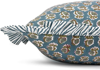 Ridhi Modern Farmhouse Pillow Covers Decorative Cotton Throw Pillow Covers Set of 2 Peacock Blue Cushion Covers with Ruffle for Couch Sofa Bed Living Room Spring Home Decor 18x18