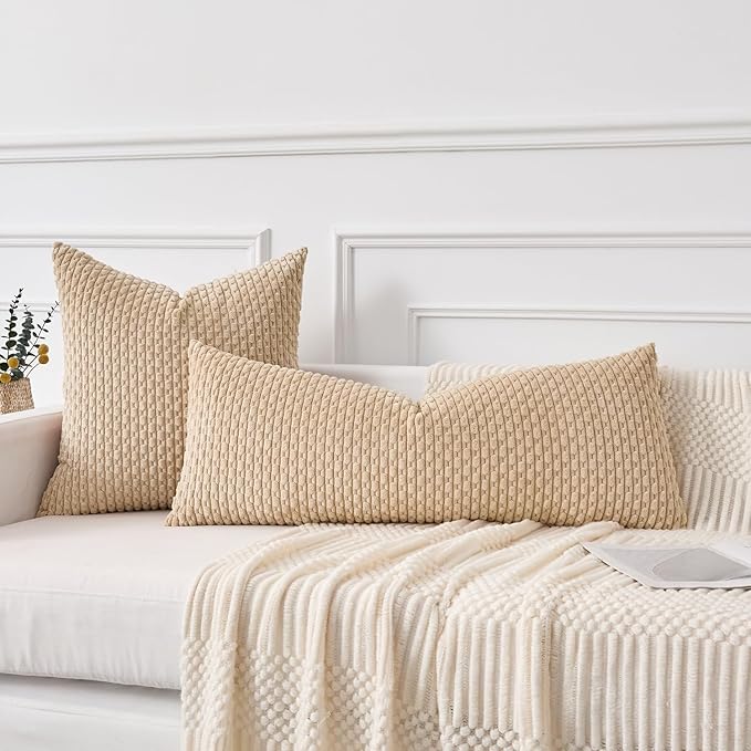 Kevin Textile 20x54 Inch Long Body Lumbar 1 Pack Boho Decorative Throw Pillow Cover Soft Striped Corduroy Rectangle Cushion Case Farmhouse Accent for Living Room Couch Sofa Bed, Light Beige
