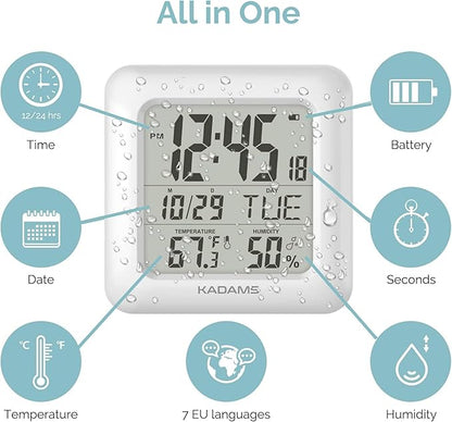 KADAMS Bathroom Clock 9.5" Kitchen Wall Clock with Large LCD Screen – Shower Clock with Suction Cup,Temperature, Humidity, Calendar – Water-Resistant, 4 Mounting Options, White