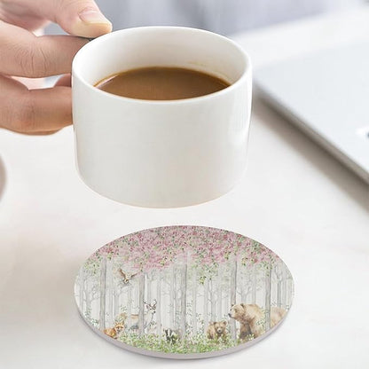 Round-4PCS Forest Ceramic Coasters, Round Absorbent Drink Coasters, Cartoon Nature Forest Flower Animal Bear, Deer, Fox, Rabbit Ceramic Table Coasters for Coffee, Beverage, Wine, Beer Coasters