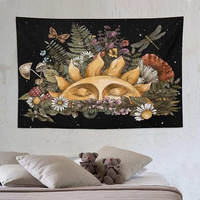 Vintage Sun Tapestry,Boho Hippie Mushroom Starry Floral Forest Plant Tapestries Wall Hanging for Dorm Living Room Bedroom Home Decor(60"x90")