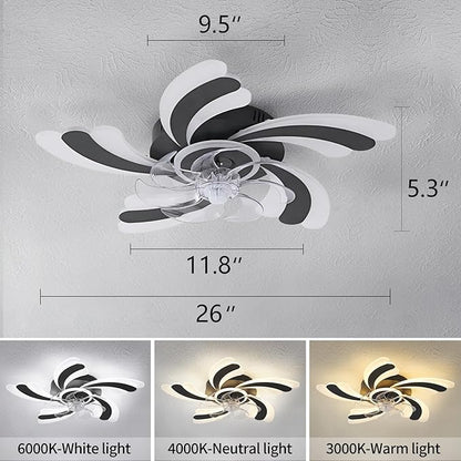 Ceiling Fan with Lights Remote Control, Black Modern Ceiling Fan with Light, 3 Light Color 6 Speeds Low Profile Flush Mount Ceiling Fan for Kitchen Bedroom Living Room