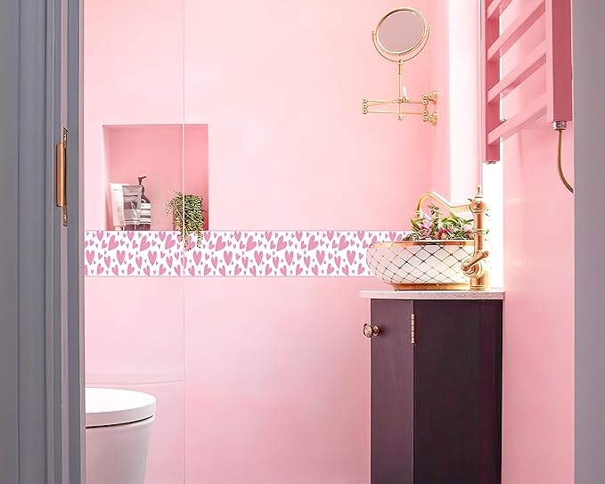 FLFK Pink Heart Wallpaper Border - Peel and Stick Wall Paper, Self Adhesive Removable PVC Borders Sticker, Modern Waterproof Trim for Home Decor, 5" x 240"