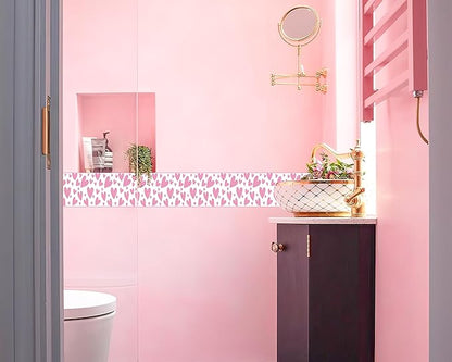 FLFK Pink Heart Wallpaper Border - Peel and Stick Wall Paper, Self Adhesive Removable PVC Borders Sticker, Modern Waterproof Trim for Home Decor, 5" x 240"