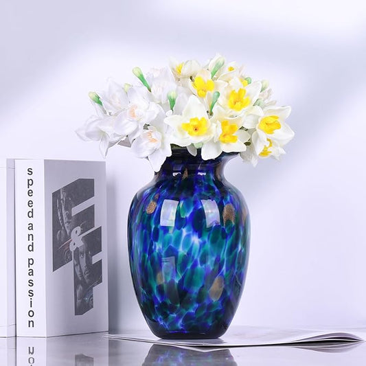 Hand Blown Glass vase, Blue Wide Mouth Large vase for Home Decorative Bouquet, Suitable for Office Living Room TV Stand Kitchen Dining Table Centerpiece Bookshelf entryway Desktop Decoration.